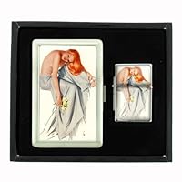 Beautiful Varga Girl Redhead Pin Up Cigarette Case and Oil Lighter Gift Set D-285