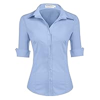 HOTOUCH Womens 3/4 Sleeve Button Down Shirt Slim Fit Work Blouses Cotton Dress Shirts Office Tops