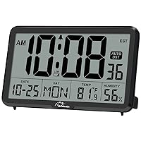 WallarGe Auto Set Digital Wall Clock Battery Operated, Desk Clocks with Temperature, Humidity and Date, Large Display Digital Calendar Alarm Clock for Elderly, Bedroom, Office, 8 Time Zone, Auto DST.