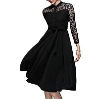XINUO Women's Vintage Elegant Lace Patchwork Long Sleeve A-Line Swing Dress Cocktail Party Wedding Formal Midi Dresses