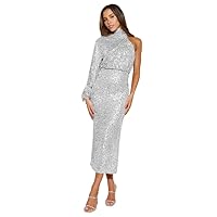 Turtleneck Women's Sexy One Shoulder Long Sleeve Sequin Sparkle Dress Ruched Evening Gown Midi Formal Dresses