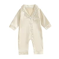 Newborn Baby Boy Girl Silk Pajamas Jumpsuit Button Down Long Sleeve One Piece Romper Pjs Satin Infant Sleepwears