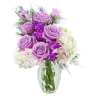 KaBloom PRIME NEXT DAY DELIVERY - Mother’s Day Collection - Bouquet of Purple Roses, White Hydrangeas, Purple Orchids and Greens with Vase.Gift for Birthday, Anniversary, Mother’s Day Fresh Flowers
