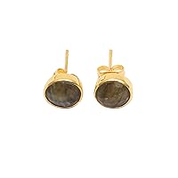 Smoky Quartz Round Cut Gemstone | Gold Plated Stud Earrings | Handmade Push Back Everyday Earring Jewelry | Gift For Girl Women 1780V