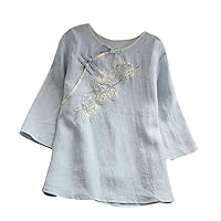 Women Spring Summer Retro Buckle Shirt Top Chinese National Style Embroidery Three Quarter Cheongsam Shirts