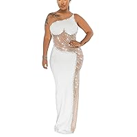 Womens Sexy One Shoulder Sleeveless Rhinestones Pearls Bodycon Party Clubwear Prom Gown Dress