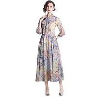 Runway Summer Flower Print Vacation Long Dress Elegant Women Bow Collar Wisteria Floral EN8 Chiffon Boho