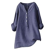 Women's Tunic Button Up Blouse Tops Plus Size Solid Cotton Linen Dressy Shirt Casual Long Sleeve V Neck Tees Shirts