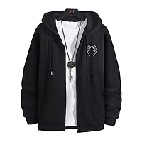 Men Wings and Letter Graphic Drawstring Thermal Lined Hoodie (Color : Black, Size : Large)