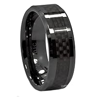 Black Plated 8mm Ceramic Black Carbon Fiber Inlay Half Dome or Recessed Edge Wedding Band Comfort Fit Ring