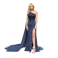 Women's One Shoulder Prom Dresses with Cape Mermaid Slit Evening Formal Gowns Backless Sequin