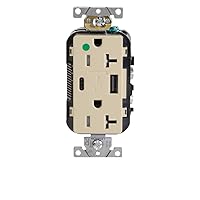 Leviton T5833-HGI Heavy-Duty Hospital Grade, Tamper Resistant, Type A-C USB Charger Receptacles, 20 Amp, Ivory