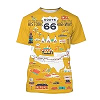 US Route 66 Graphic 3D T-Shirt American Mother Road Personality Round Neck Loose Street Printed T-Shirt Size：S-4XL