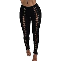 Women Eyelet Tie Front Leggings Lace Up Front Workout Stretch Leggings Slimming Chic Punk Skinny Gym Trousers