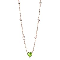 Gem Stone King 18K Rose Gold Plated Silver Green Peridot and White Moissanite Long By The Yard Chain Necklace For Women (1.50 Cttw, Heart Shape 7MM, 17 Inch with 2 Inch Extender)
