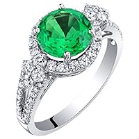 PEORA 14K White Gold 2.61 Carats Created Colombian Emerald and Lab Grown Diamond Ring, AAA Grade Round Shape