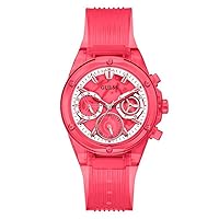 GUESS Ladies Sport Clear Multifunction 39mm Watch – Transparent Dial Rose Gold-Tone Stainless Steel Case with Pink Transparent Polycarbonate Strap