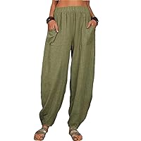 Women's Retro Pocket Cotton and Linen Pants Loose Beach Harem Pants Summer Casual Loose Pants