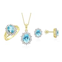 Rylos Princess Diana Inspired Matching Set, 14K Yellow Gold Ring, Earrings & Pendant with 18