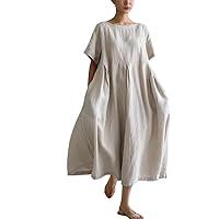 Summer Women's Plant Dyed Cotton Linen Loose Fitting Dress with Round Neck Short Sleeves and Pockets