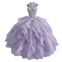 Women's Crystal Beaded Quinceanera Dresses High Neck Organza Ruffles Ball Gowns for Sweet 16