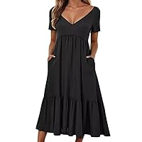 Women's Casual Summer Dress Sexy V-Neck Short Sleeve Tiered Midi Dress Pleated Beach Boho Party Swing Dresses with Pockets