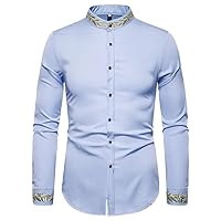 Men's Embroidery Dress Shirts Mandarin Collar Slim Fit Long Sleeve Shirt Men Party Wedding Dinner Chemise
