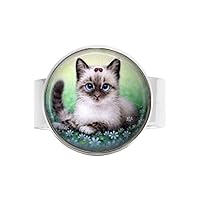 Blue-Eyed Kitten with Flowers Art Photo Charm Ring Vintage Art Photo Jewelry