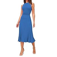 Pink Queen Women's Crew Neck Sleeveless High Waisted Bodycon Pleated Ribbed Swing Knit Midi Dresses