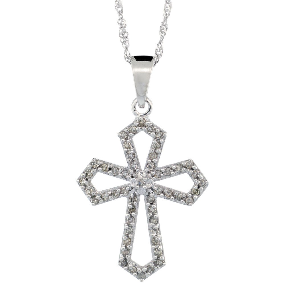 14k White Gold Diamond Gothic Cross Cut Out Pendant, 0.31 cttw 7/8 inch tall