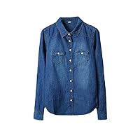 Autumn Women Lapel Button Blue Long Sleeves Denim Shirts Pocket Slim Jeans Tops Blouse Plus Size