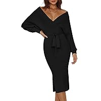 Pink Queen Womens Deep V Neck Sweater Wrap Dresses Batwing Sleeve Sexy Cocktail Bodycon Slit Maxi Knit Dress with Belt Black S