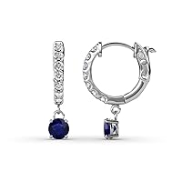 Round Blue Sapphire and Diamond 3/4 ctw Women Dangle Huggie Hoop Earrings 14K Gold