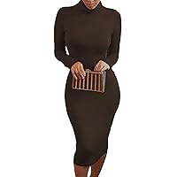 Pink Queen Women's Sexy Long Sleeve Bodycon Dress Mock Neck Knee Length Party Vacation Midi Dresses Fall Outfit Brown S