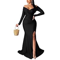 Women Elegant Off The Shoulder Long Sleeve Bodycon Evening Party Maxi Long Dress High Split Evening Gowns Formal