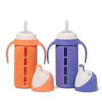 Set of 2 - Glass Sippy Cup for Toddlers - The Luca | Spill-Proof | Silicone Straw | Orange & Indigo Purple | 8 oz | Liquids Never Touch Plastic | Removable Handles… (purple)