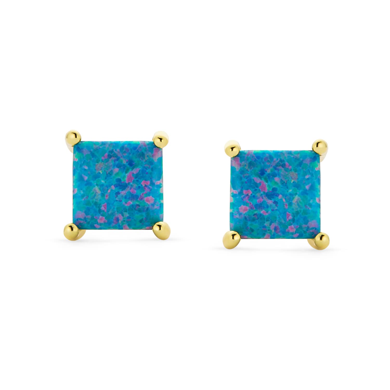 Simple Classic White Fire Orange Green Blue Opulence Gemstone Created Opal Square Princess Cut Stud Earrings 14K Yellow Gold Plated .925 Sterling Silver 5MM October Birthstone