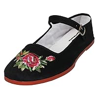 Women's Mary Jane Embroidered Floral Cotton Shoes in Black - Sizes 5-11 New
