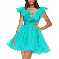 Organza Short Homecoming Dresses Ruffle V-Neck Ball Gowns Party Dress with Puffy Sleeves Beauty Pageant Dress