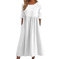 Women 2023 Summer Casual Dresses 2023 Women Cotton Linen Dress Short Sleeve Crewneck Pocket Dress Casual Dresses