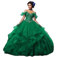 Women's Sweet 16 Off Shoulder Beaded Quinceanera Dress with Ruffle Ball Gown Dress