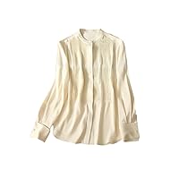 Women's Silk Solid Long Sleeve Top Pleated Silk Shirt Crew Neck Office Lady Casual Shirts