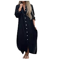 Summer Cotton Linen Kaftan Dress Women Rolled-Up Long Sleeve Button Up Shirt Dresses Split Side Hem Beach Maxi Dress