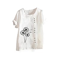 Plus Size Cotton Linen Tops for Women 2024 Summer Casual Crew Neck Short Sleeve Tshirts Loose Comfy Floral Print Tunic Blouse