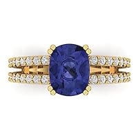 3.55 3.5 ct Cushion Cut Solitaire with accent Stunning Genuine Simulated Blue Tanzanite Modern Promise Statement Ring 14k Yellow Gold