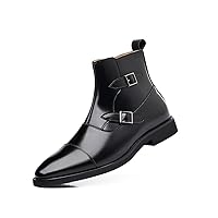 Men's Buckle Leather Formal Dress Boots Side Zipper, Cap Toe Casual Ankle Boots