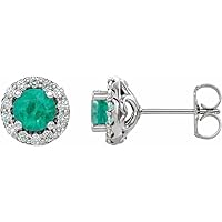 Natural Emerald Round 4mm 14k White Gold Friction Back Polished and 0.13 Carat Diamond Earring Jewelry Gifts for Women