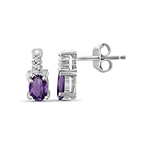 JEWELEXCESS 0.46 CTW Amethyst and Accent White Diamonds Earrings – Sterling Silver| Hypoallergenic s for Women - Oval Cut Set with Push Backs