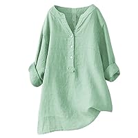 Women's Solid Color Loose Plus Size Long Texture Dress Shirt Plus Size Dress Tops for Women Linen 2X (3-Green, XXXL)