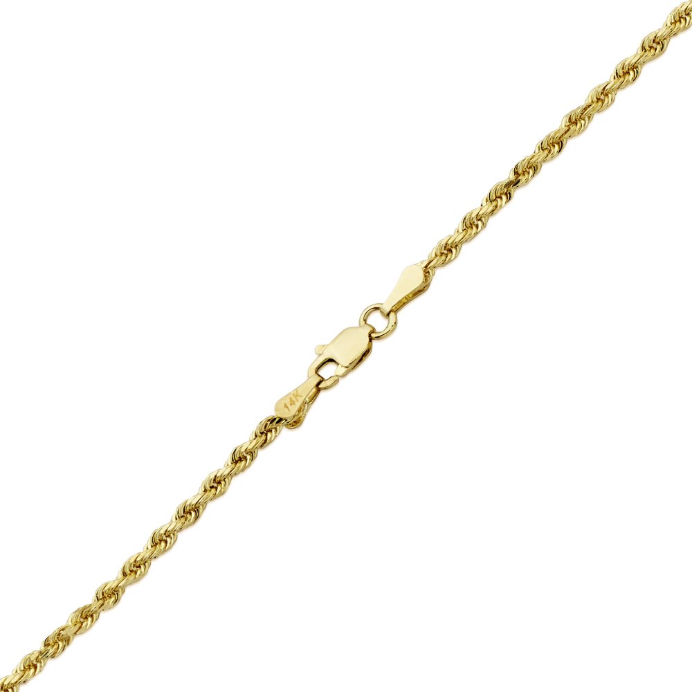 14K Yellow Gold 2.5mm Solid Diamond Cut Rope Chain Necklace with Lobster Lock